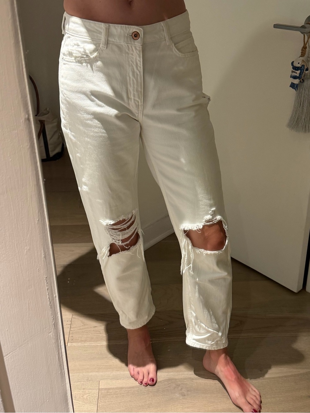 ZARA white ripped loose fit wide leg denim jeans size 2